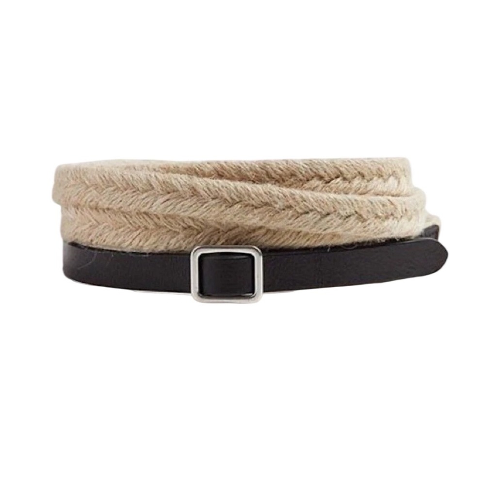 J.Jill Jute & Leather Double-Wrap Belt Skinny Black Beige Natural XS Small